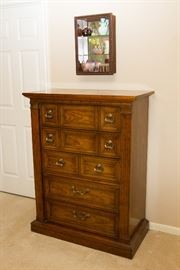 Pecan Finish Pilaster Detail 5 Drawer Tall Chest.  49.5'h x 38"w x 19"d:  $60.00  Vintage Shadow Box:  $39.00