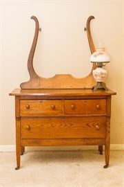 Antique Wash Stand.  28.5"h x 38"w x 19"d:  $90.00  Yoke Cheval Mirror Frame.  30.5"h x 34"w:  $19.50  Antique Kerosine Lamp (1910):  $120.00
