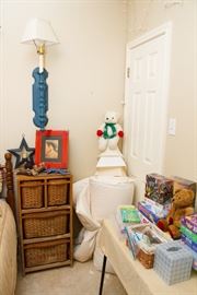 1960's Blue Wall Sconce Lamp 26"long :  $22.50  Handcrafted Wood and Wicker 'Catch All' w/4 Basket Drawers.  35.5"h x 18"w x 15"d:  39.00  Cowgirl Print In Frame:  $9.00