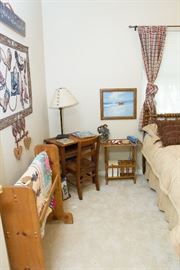 CHILDS DESK AND CHAIR SOLD  '70's Magazine Rack/Lamp Table.  23"h x 23"w x 13.5"d:  $12.00  Painting by Mari:  $45.00