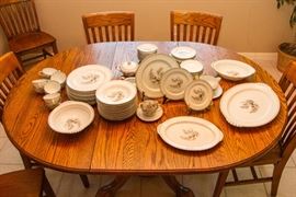 Oak Table Oval w/ Leaf, Round w/o.  Pedestal 33"diameter 30"h x 65"w x 48"d:  $225.00   1 Oak Chair:  $27.00  