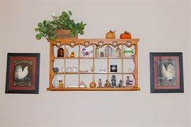 Rooster Pictures:  $12.00 pr.  Vintage Wood Cheese Box:  $12.00  Plate Shelf  20"L x 36.5"w x 5.5"d:  $27.00  All Other Contents Priced Individually.