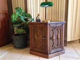 Retro Octagon Shape Occasional Table.  21"h x 23"d:  $39.00  4 Panel Privacy Screen.  Cloth and Rebar:  $60.00   Bankers Lamp:  $22.50  Silk Dieffenbachia:  $19.50