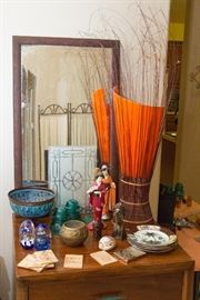  Etched Deco Glass Panel.  16"h x 14"w:  $15.00  Patinated Compote:  $9.00  SOLD:  Paper weights  Antique Bronze Pot:  $60.00  Carved Bust:  $12.00  Carved Elephant:  $7.50  SOLD:  ELEPHANT SHELL Vintage Wood Burn Art:  $4.50 ea.  SOLD:  Turquoise Glass Insulator Caps:   SOLD:  Cigarette Box:   Set of 4 Dishes:  $6.00  