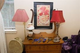 Cupid Heart Graphics:  $12.00  Lamp w/Red Shade and Beaded Tassels:  $33.00  1920's Royal Blue Celluloid (7 pc.) Dresser Set:  $75.00  Faux Mother of Pearl Hand Mirror:  $24.00  Beaded Evening Purse:  $27.00