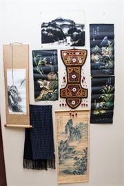 Japanese Hand Painted Tiger:  $45.00  Japanese Hand Painted Landscapes:  $33.00 (2 available)  Vintage Bamboo Scene Scroll w/stamp:  $39.00  Vintage Japanese Scene Scroll w/Stamp On Fabric:  $39.00  Indonesian Style Wall Hanging.  Mirrors, Beads, Tassels, Pockets:  33.00  Silk Table Runner:  $16.50