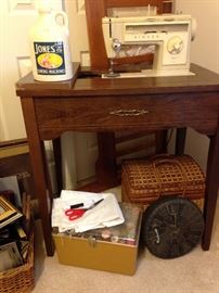 Singer Stylist #533 Sewing Machine and Cabinet.  30" h x 30"w x 19.5"d:  60.00  Plastic Sewing Box and All It's Contents:  $27.00   Peking Glass Button Basket:  $12.00  
