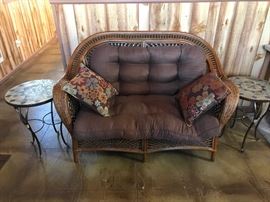 High End Wicker Love Seat with Tiled Side Tables