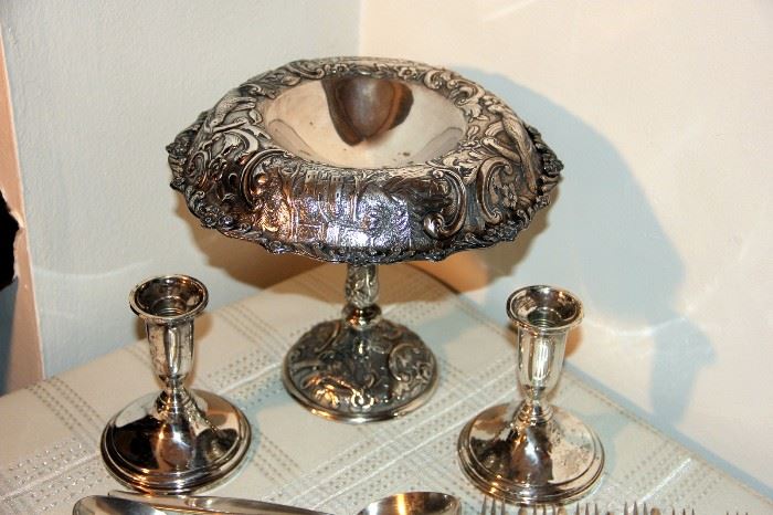 Loring Andrews Castle Pattern Sterling Repousse Compote, Weighted Candlesticks