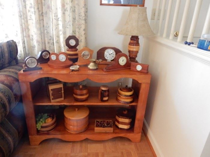 TURNED WOODEN BOXES, SMALL SHELF CLOCKS