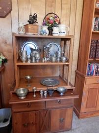 EARLY AMERICAN STYLE HUTCH, PEWTER, & STONEWARE