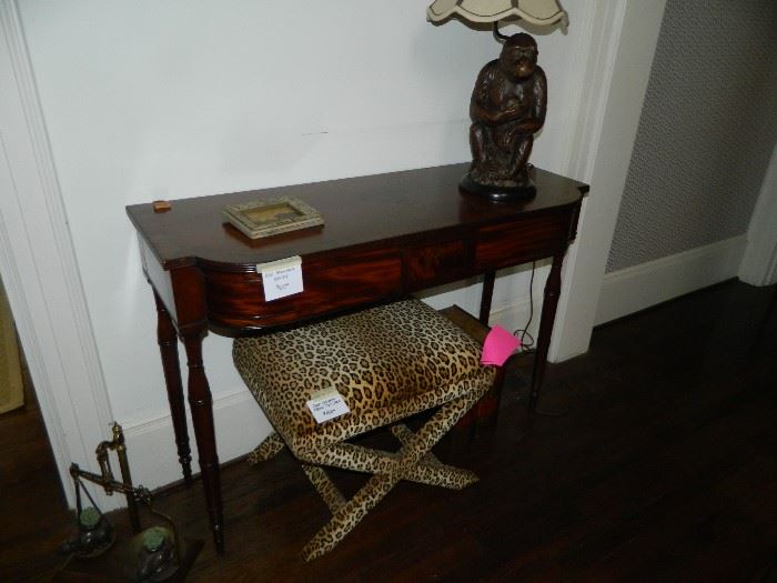 Antique mahogany console table, one of pair of faux animal "X" benches.