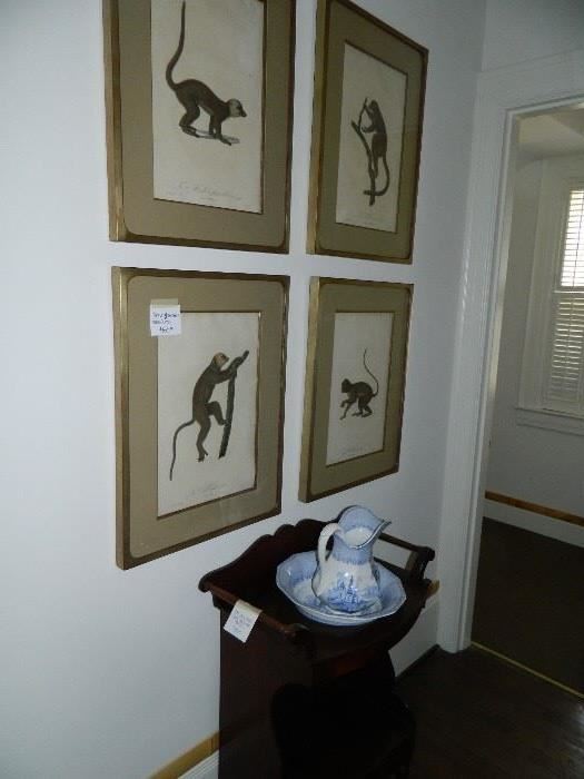 Four book plate monkey lithos in custom framing