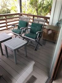 teak chairs, tables, coolers