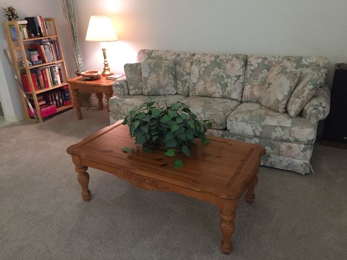 Floral sofa.  Pine coffee table, two lamp tables.  Bookcase, books