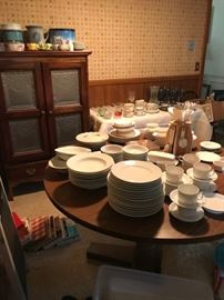 Pie Safe, oak Round Table, lots of dishes