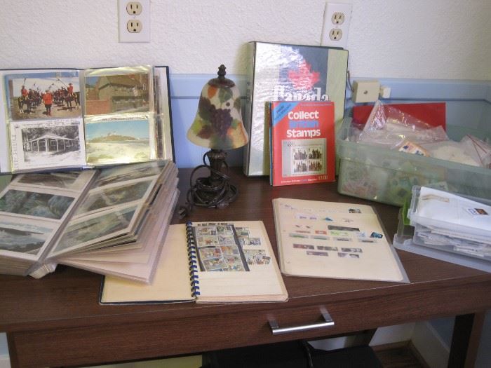 stamps, postcards & small glass lamp