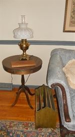 Small drum table and brass lamp with milk glass shade