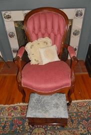 Antique Victorian tufted back arm chair and footstool