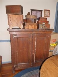 Primitive antique jelly cupboard                                                         Nice selection of old wooden boxes