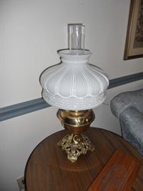 Lovely brass lamp with globe and milk glass shade