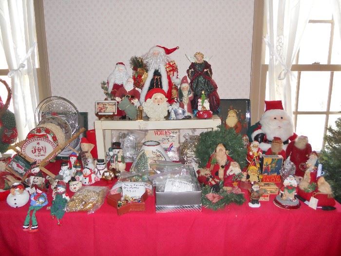 Huge collection of Santas, snowment and ornaments--many signed by maker