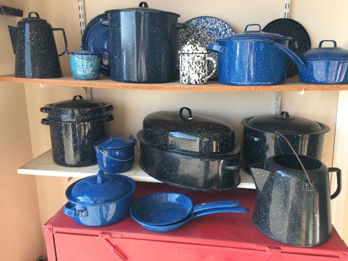 Lots of blue and gray granite ware