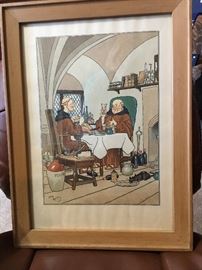 Old print of monks dining together in friendship.