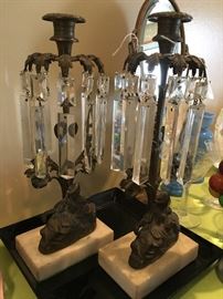Beautiful antique candlesticks with glass prisms
