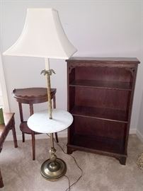 Pair of vintage bookcases (one shown). Lamp table. Accent table