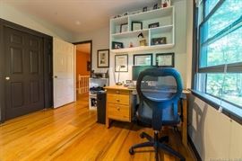 Office desk, chair, white bookcase
