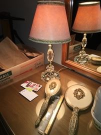 Vintage lamps; mirror, brush and comb set