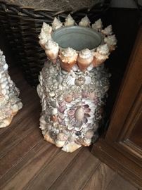 Large Seashell encrusted vases, 2 