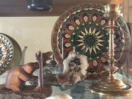 Brass candlesticks, various art collectibles
