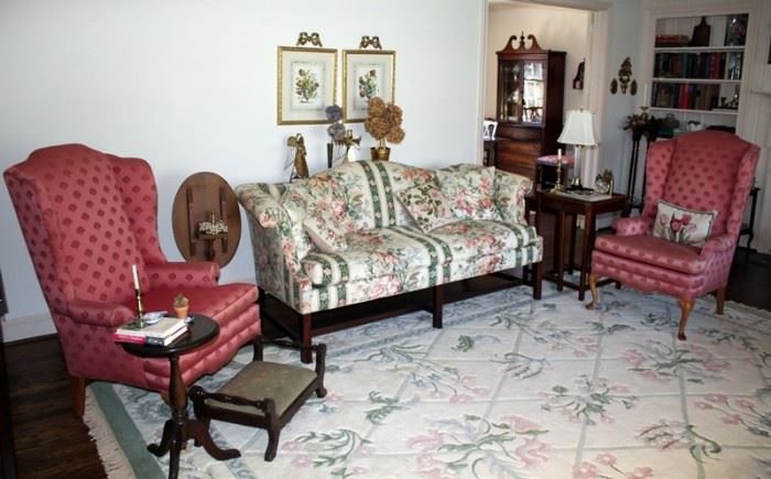 Pair Wingback Chairs, Rug, Sofas