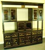 BLACK ASIAN DISPLAY CABINET WITH HAND PAINTED SCENES WITH RAISED ASIAN FIGURES