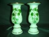 2 MILK GLASS VASES HAND PAINTED IVY VINES