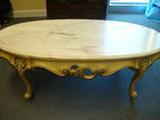 FRENCH PROVENCAL MARBLE TOP COFFEE - Beautifully cream with moss green accent carved wood bottom. Made in Portugal.