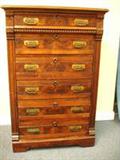ANTIQUE WALNUT EASTLAKE CHEST OF DRAWERS - Very nice piece with hand beaten brass handles, flowers carved on top, burl walnut insets, dovetail joints.