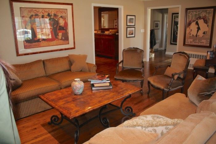 Living Room Furnishings - Sofas, Side Chairs and Wood & Metal Coffee Table with Lots of Art