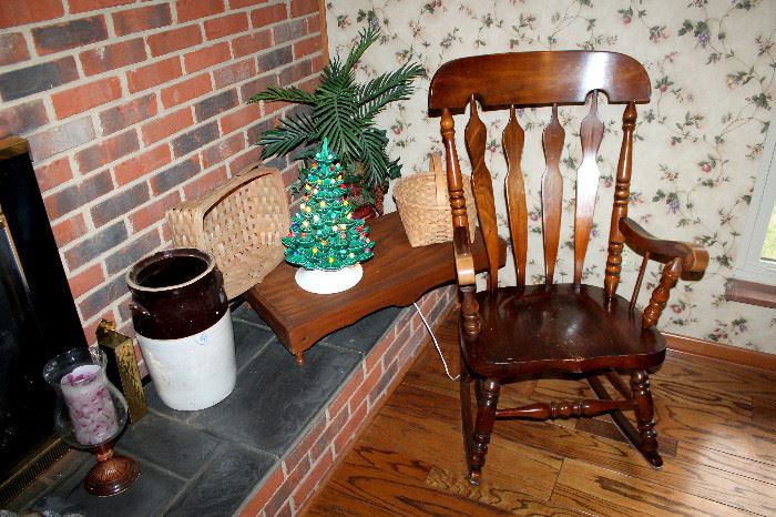Rocking chair, crock, vintage ceramic Christmas tree, handmade baskets