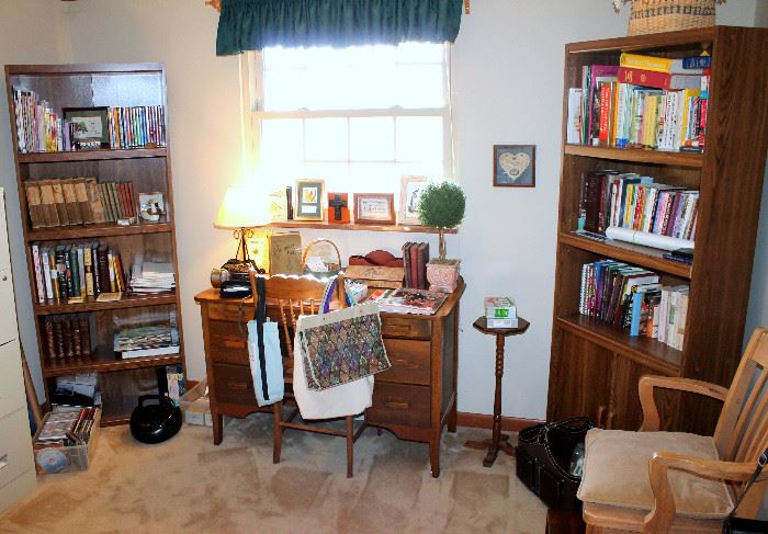 Vintage desk, bookcases, books, chairs
