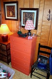 Small chest-of-drawers, ladder back chair, lamps, artwork
