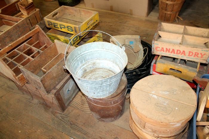 Vintage drink crates, buckets, baskets