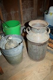 Milk can and galvanized buckets