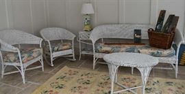 Vintage Wicker Chair Rocker Settee Side Table and Coffee Table & Basket & Wood Art