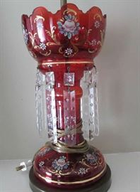 Cranberry Bohemian Hurricane Lamp with Crystals
