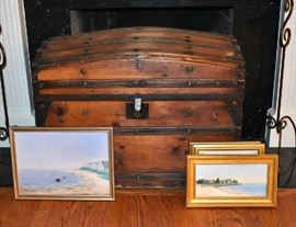Antique Treasure Trunk & Oil Paintings