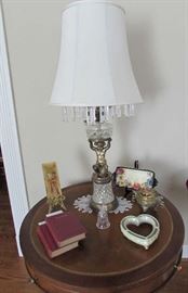 Victorian Tall Cherub Crystal Lamp and Large Drum Table