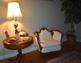 Large Drum Table, Crystal Lamp, Rosewood Chair